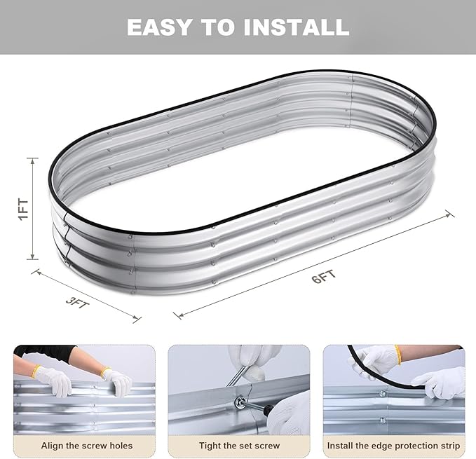 Raised Garden Bed, 6x3x1ft Galvanized Outdoor Planter Beds with Safety Edging and Gloves, Oval Metal Planter Box for Gardening Vegetables Flowers Herb-Sliver