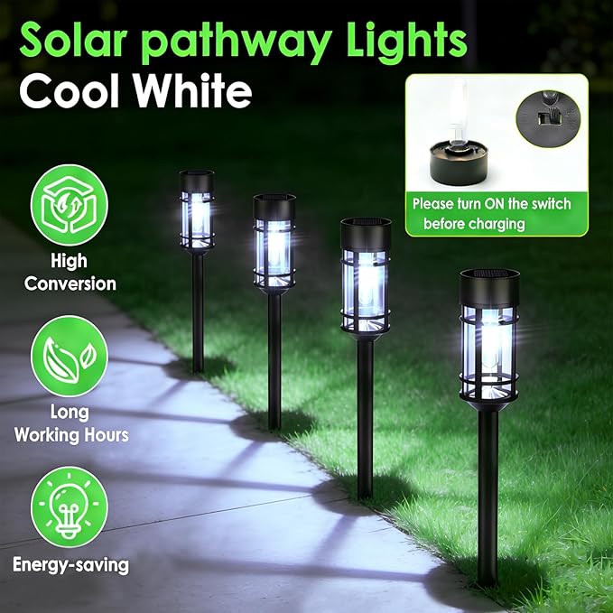 Mancra Solar Pathway Lights Outdoor, 8 Pack Metal Glass Solar Lights Outdoor Waterproof Auto On/Off Landscape Path Lighting Garden Decor for Yard Walkway Driveway, Cool White