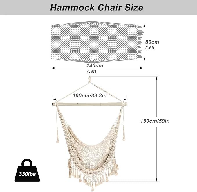 Hammock Chair，Max 330lbs, Large Hanging Chair, Soft Cotton Rope Swing Chair with High Load-Bearing Metal Rod,Indoor Outdoor Garden Yard Living Room Use