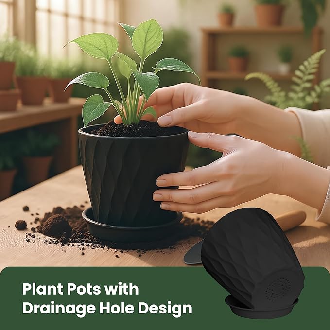 7/6.5/6/5.5/5/4.5/4 inch Plastic Plant Pots, 7 Pack Flower Planter for Indoor Outdoor Plant, Planters with Drainage Holes and Trays (Black)