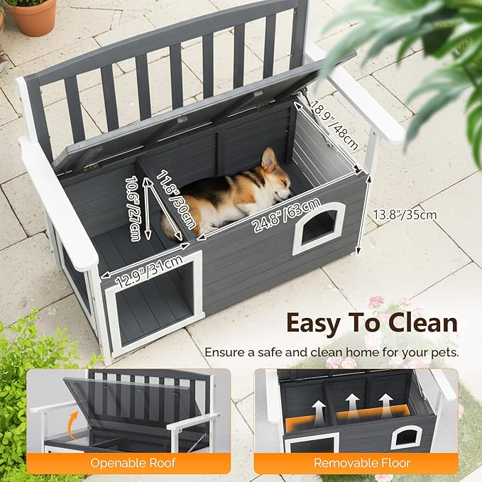 VINGLI Outdoor Storage Bench with Built-in Dog House, 2-in-1 Outdoor Waterproof Patio Bench with Pet Kennel for Patio Backyard Porch (Gray)