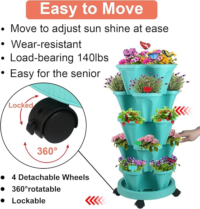 DUNCHATY Stackable Planter, Teal, 6 Tier Garden Tower, Self Watering, Indoor/Outdoor, with Garen Tool Set