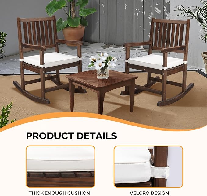 VINGLI Outdoor Rocking Chair, Weatherproof Rocker with Cushion, Wooden Rocking Bench Support 450 LBS for Patio, Yard, Garden, Outdoor or Indoors, Rustic