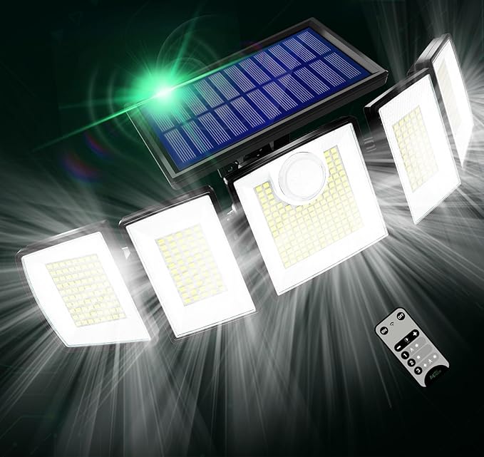 Solar Lights Outdoor Waterproof Motion Sensor - 416 LEDs 3000 Lumens Super Bright 3 Brightness 3 Modes 2400mAh 360° Illumination 32ft Solar Flood Security Light for Outside (‎With Remote Control, 1)