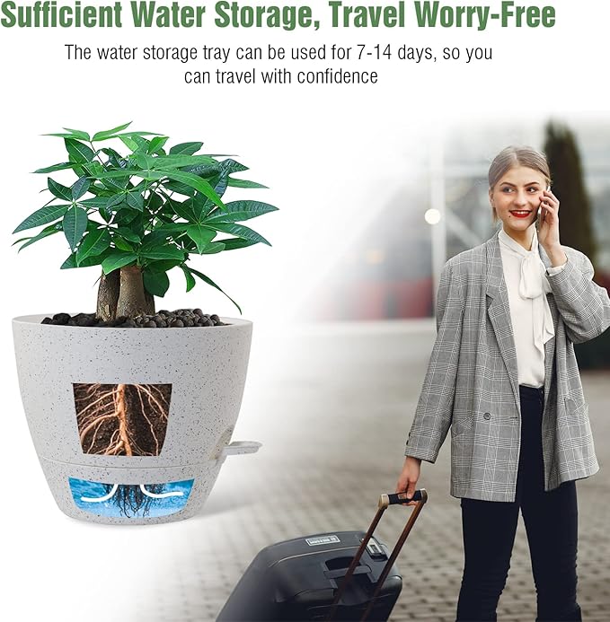 12inch 2Pack Large Self Watering Planters, Plastic Plant Pots with 60oZ Removable Deep Reservoir and Multi Mesh Drainage Holes for Indoor Outdoor Garden Plants and Flowers, White Speckles