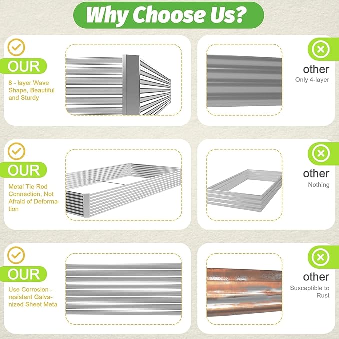3 Pack 8x4FT Corrugated Galvanized Steel Raised Garden Bed Outdoor, Metal Above Ground Garden Bed for Vegetables and Flowers, Rectangle Raised Beds for Gardening