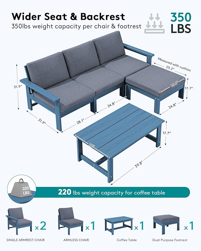SERWALL Outdoor Sectional Sofa Set, 5-piece Outdoor Modula Couch Set with Ottoman, All Weather Patio Furniture Set with Chaise for Deck, Lawn, Blue Frame with Gray Cushion