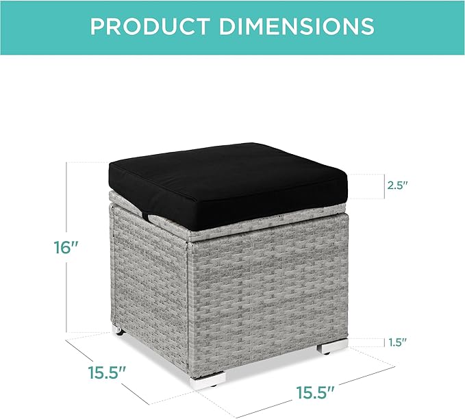 Best Choice Products Set of 2 Wicker Ottomans, Multipurpose Outdoor Furniture for Patio, Backyard, Additional Seating, Footrest, Side Table w/Storage, Removable Cushions - Gray/Black