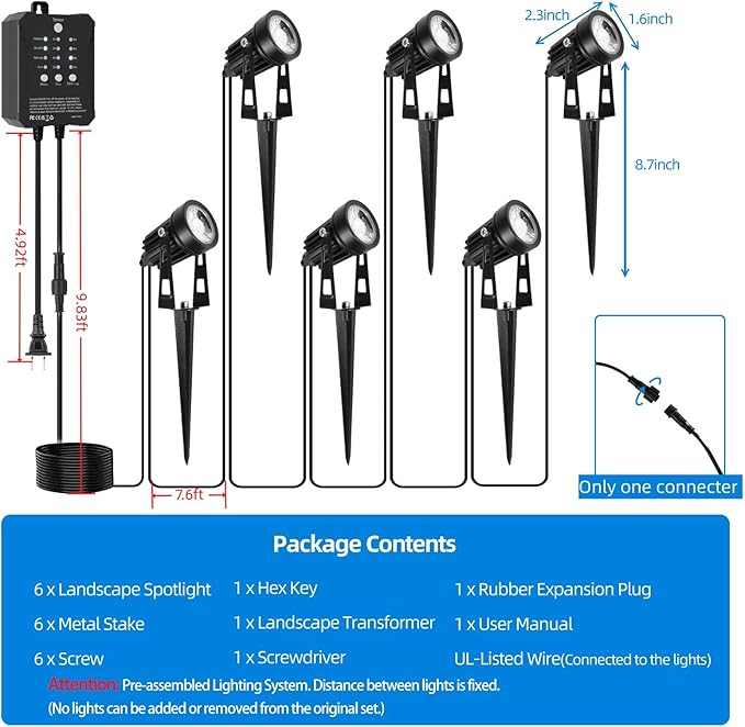 All-in-One Low Voltage Landscape Lighting, Dusk to Dawn Transformer Timer, Waterproof Spotlights, Dimmable LED Outdoor Landscaping Lights Kit for Yard Backyard Tree House 24V (6 pack warm white)