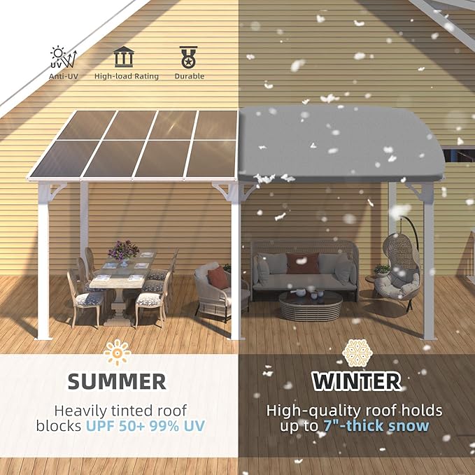 AECOJOY 16' x 8' White Gazebo Outdoor Pergola for Patio, Hard Top Lean to 8x16 Gazebo Shelter Pergolas and Gazebos Clearance with Patio Roof, Large Wall-Mounted Heavy Duty Awnings for Backyard