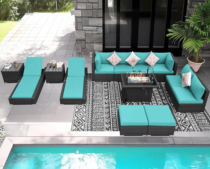 NICESOUL 13 Piece Patio Furniture Set with Fire Pit, Oversized Large Outdoor Sectional with Lounger & Fire Pit, 500 lbs High Weight Capacity Wicker Deck Seating for 10, Gray & Teal