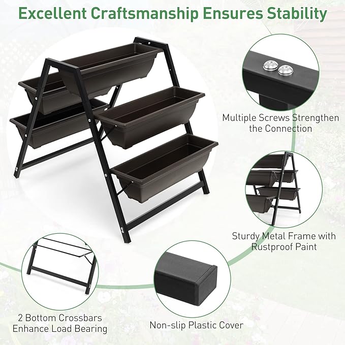 Giantex Set of 2 Vertical Raised Garden Bed, 5 Planter Boxes Container w/Drainage Holes, 31" H Freestanding Heavy-Duty Metal Frame, Indoor Outdoor Raised Bed for Vegetables Herbs Flowers to Grow