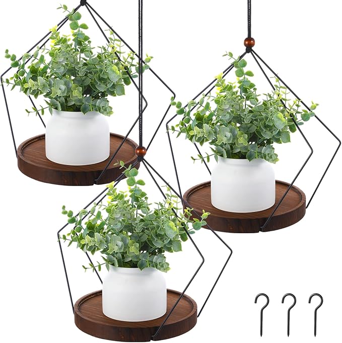 3 Pack Hanging Planters for Indoor Black Plant Hanger with Round Wood Base Large Indoor Hanging Plant Shelf Boho Holder Gift for Mom,housewarming (Rhombus)