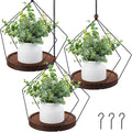 3 Pack Hanging Planters for Indoor Black Plant Hanger with Round Wood Base Large Indoor Hanging Plant Shelf Boho Holder Gift for Mom,housewarming (Rhombus)