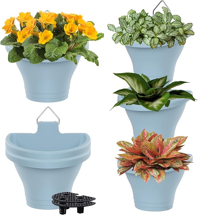 MADHOLLY 6Pcs Vertical Hanging Planters for Outdoor Plants - Wall Plant Holder for Indoor Decorations Garden Fence, Plastic Flower Pots with Drainage Grid and Hooks (Blue)