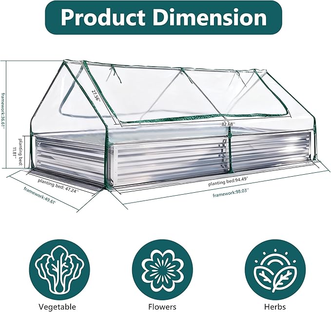 DUMOS Raised Garden Bed with Cover, 8x4x1ft Planter Box Outdoor for Deep-Rooted Herbs/Flowers/Vegetables, Extra Large Metal Garden Bed Mini Greenhouse for Patio, Balcony and Backyard, Silver