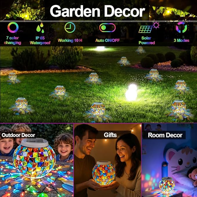 Aukora Color Changing Solar Powered Glass Ball Garden Lights, Table Lamps Waterproof Night Light for Patio, Party, Yard, Room, Bar, Wine Cabinet, Outdoor/Indoor Decorations, Ideal Gift(Mosaic Glass)