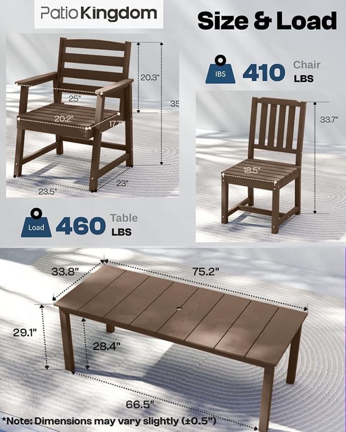 9-Piece Brown Outdoor Dining Set with White 15FT Large Patio Umbrella, 75.2'' HDPE Table & Chairs for 8, Weather-Resistant Furniture with Umbrella Hole for Patio, Lawn, Poolside