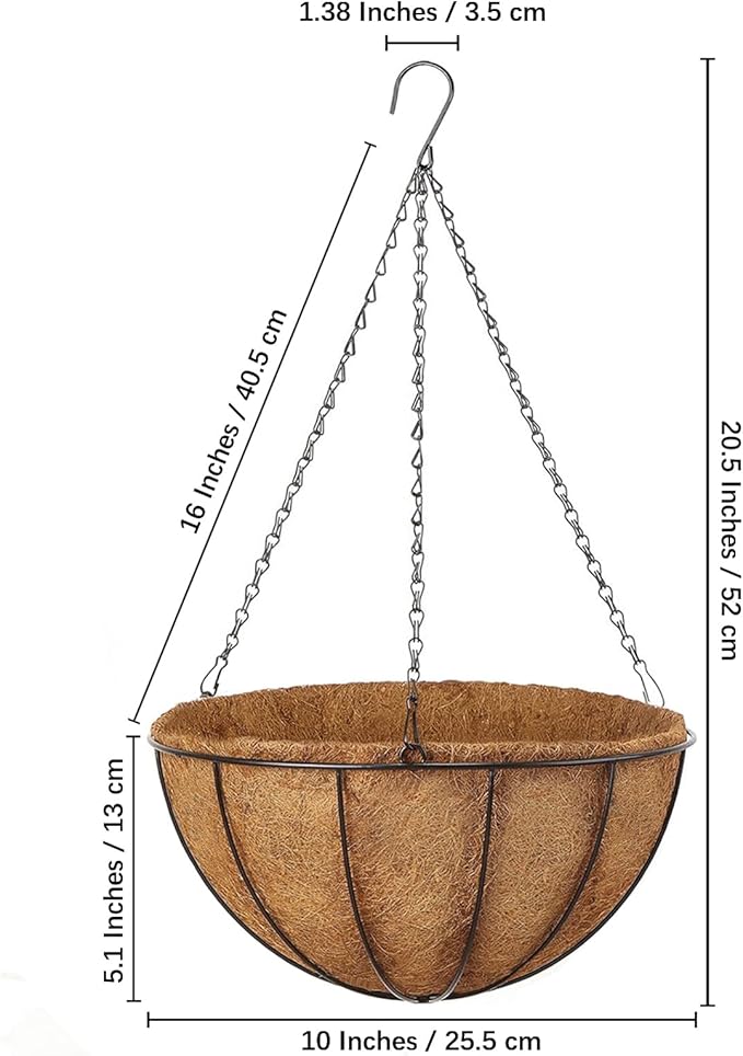 Hanging Baskets Planter for Plants - 4 Pack 10 Inch Metal Baskets with Coco Coir Liner, Hanging Flower Pots for Outside with Chain, Indoor Outdoor Garden Porch Decoration (10'' Pack of 4)