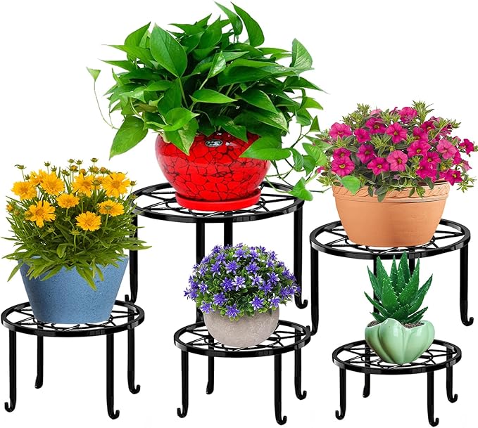 5 Pack Metal Plant Stands,Heavy Duty Potted Holder for Flower Pot,Indoor Outdoor Metal Rustproof Iron Garden Container Round Supports Rack for Planter