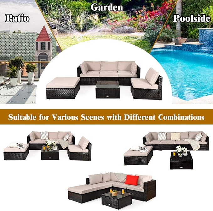 Tangkula 6 Piece Patio Furniture Set, Outdoor Deck Lawn Backyard Durable Steel Frame PE Rattan Wicker Sectional Sofa Set, Conversation Set with Coffee Table (Beige)
