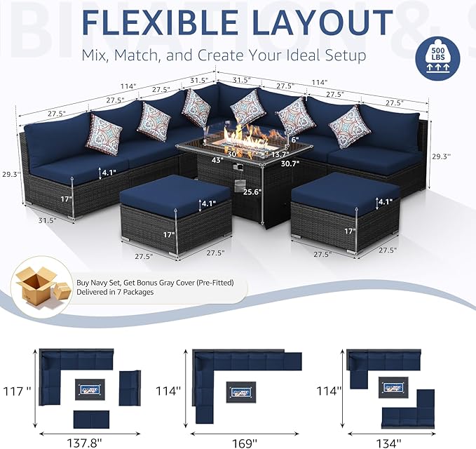 NICESOUL 10 Piece L-Shaped Outdoor Furniture Conversation with Fireplace Natural Gas/Propane, 29.3'' High Back Oversized Rattan Sofa Couch, Wide Deep Seated Patio Sectional, 2 Color Cushion Navy&Grey
