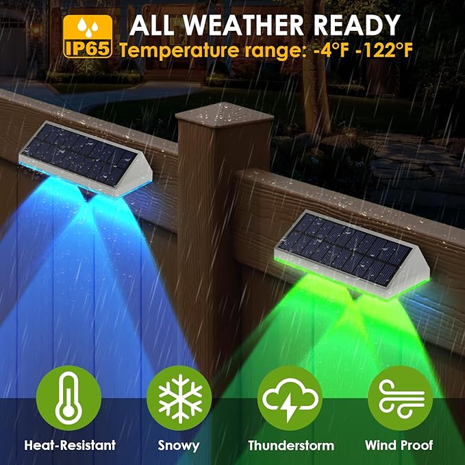 2 Pack Solar Fence Lights Outdoor, 2PK Solar Outdoor Light Warm White & RGB Solar Powered Lights for Outside Backyard, Patio, Deck Fence, Stair Handrail, Pool and Wall