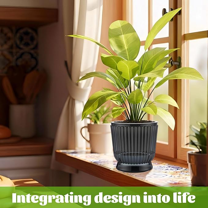 Set of 6 Self Watering Plant Pot 3 Sizes Plastic Double Layer Self Watering Flower Pot with Multi Mesh Drainage Holes Wicking Reservoir for Indoor Outdoor Garden Plants(Black)