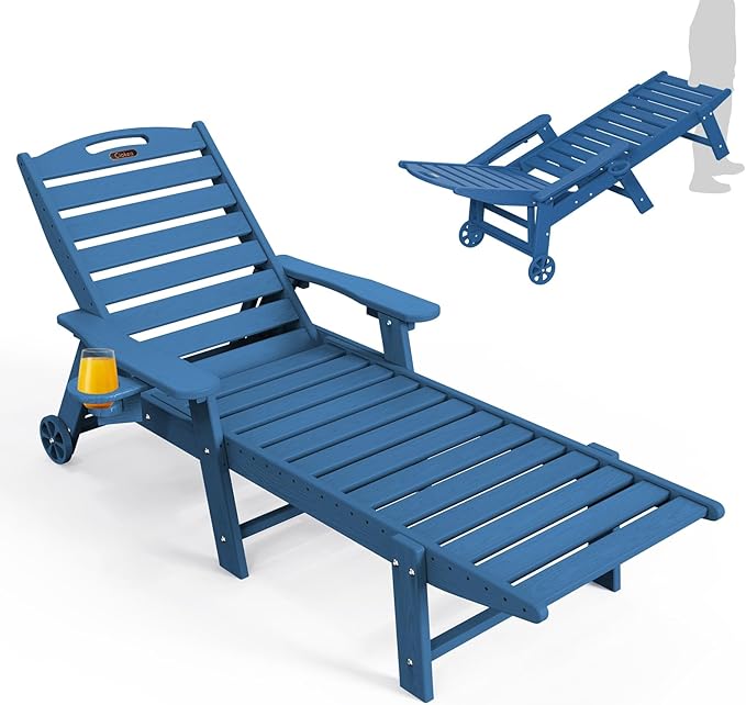 Ciokea Lounge Chair Outdoor, Oversized Chaise Lounge Chair with 5 Positions, HDPE, Patio Lounge Chair with Wheels & Cup Holder for Pool, Deck, Poolside, Azure Blue