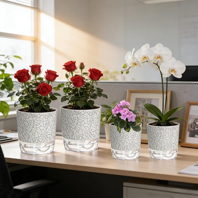 Self Watering Pots for Indoor Plants, 4/5.5 Inch Crackle Pattern Planters with Clear Water Reservoir & Wick System, 4 Pack Plastic Flower Pots for Succulents, Herbs, African Violets
