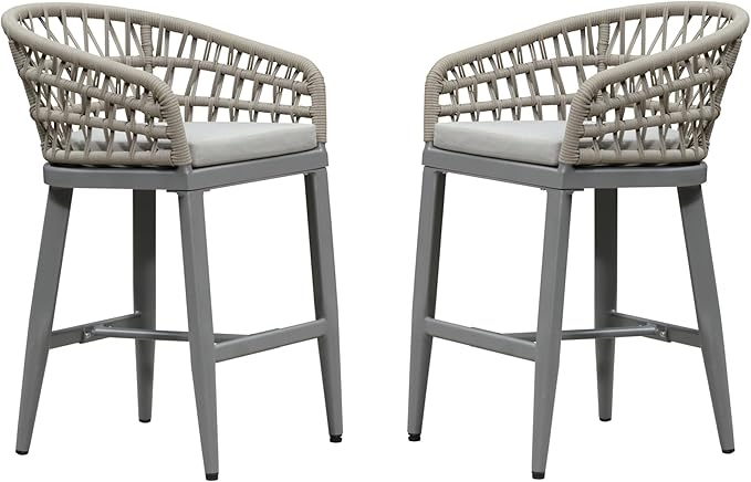 PURPLE LEAF Outdoor Rattan 24" Counter Height Bar Stools Chair Set of 2, Modern Patio Wicker Barstool with Backrest for Indoor and Outdoor, Kitchen Island, Light Grey