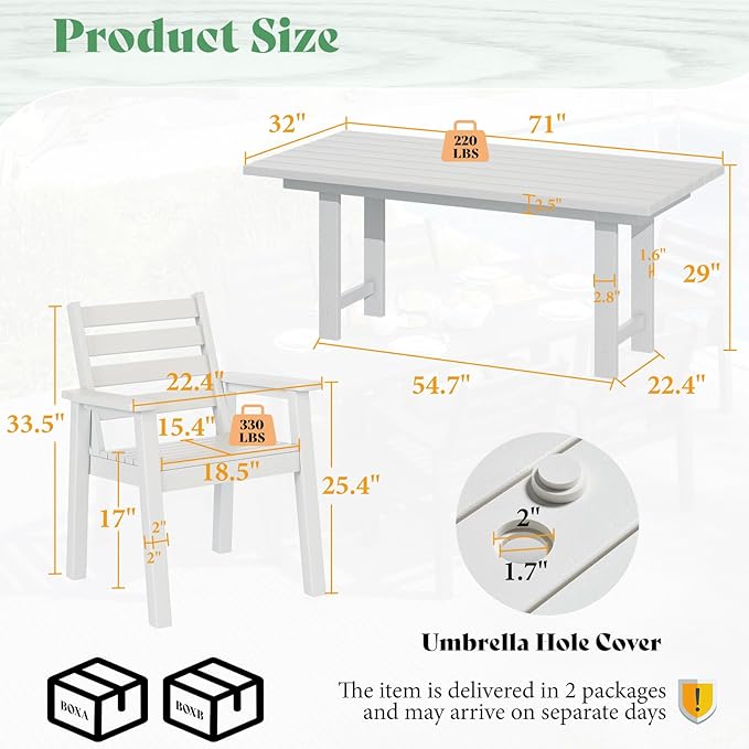 AMERLIFE 7-Piece HDPE Outdoor Dining Set with Umbrella Hole, 71" L Patio Table and Chairs Set for 6, Modern Garden Dining Set for Backyard, Poolside, Seaside, Porch, White