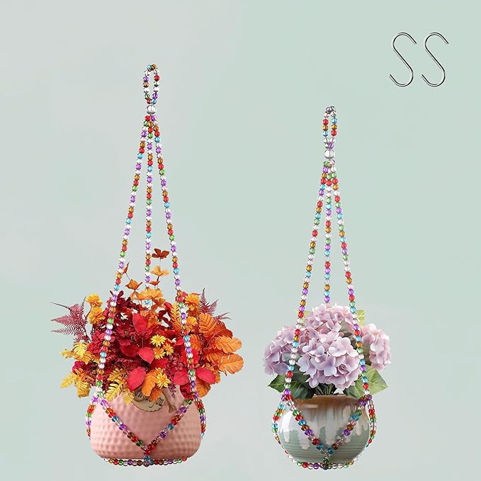 2 Pack Macrame Plant Hanger, Handmade Glass Bead Plant Hanger Colorful Decorative Bohemian Hanging Planter Holder for Indoor and Outdoor Home Garden Decor. Does Not Include Flower Pot.(17''/21'')