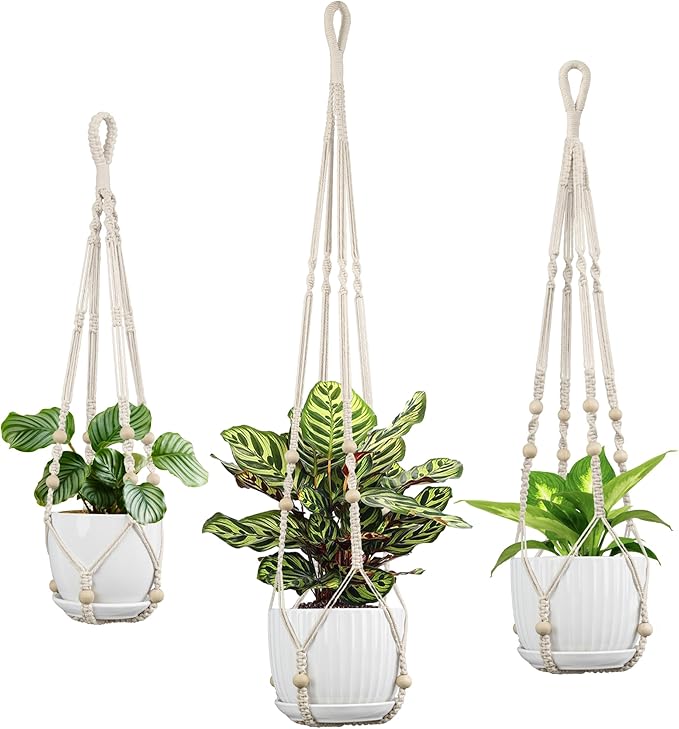 Macrame Plant Hanger - Fits 4 to 15 inches Pots for Indoor Outdoor, 43"/35"/29" Different Sizes Set, Ivory (POTS NOT Included)