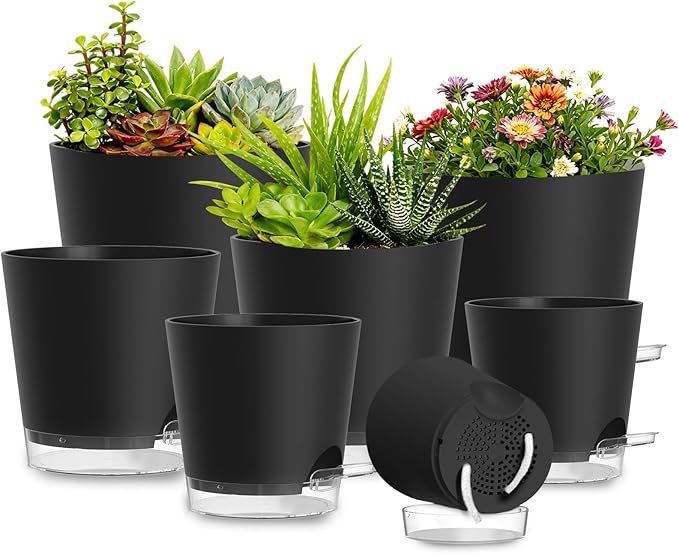Plant Pots 4/5/5.5/6/6.5/7/8 Inch Self Watering Pots, 7 Pack Plastic Planters with Drainage Holes and Clear Saucers,Plastic Flower Pots,Nursery Planting Pot for Indoor Out Door Plants(Black)