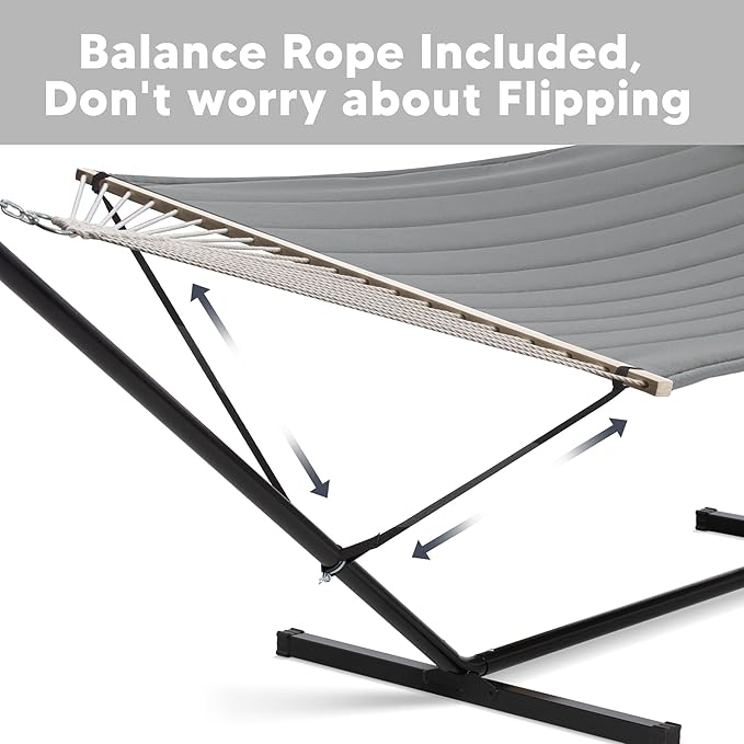 SUNCREAT Double Hammock with 15 ft Stand, Outdoor Hammock with Stand, Balance Straps, Light Gray