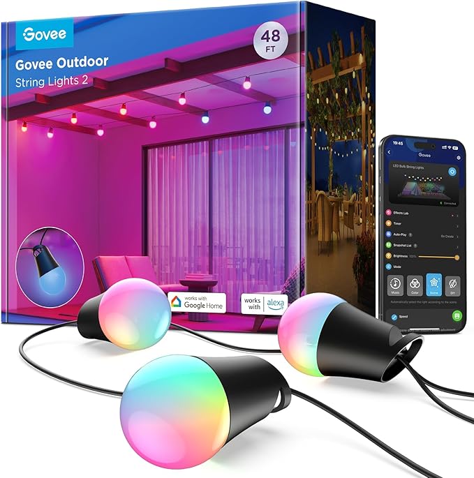 Govee Smart Outdoor String Lights 2, 48ft Outdoor Lights with Dimmable Warm White LED Bulbs, 47 Scene Modes for Patio, Backyard, Balcony, IP65 Waterproof, Works with Alexa, App Control
