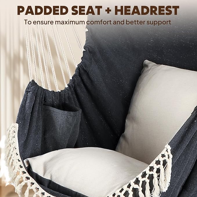 Chihee Hammock Chair 4.9ft x 3.9ft Max 500 Lbs Widen Hanging Swing 2 Cushions Included Metal Spreader Bar with Anti-Slip Grooves Portable Comfy Hanging Chair Side Pocket Bohemian Chair Indoor Outdoor