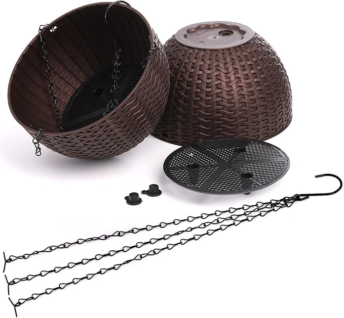 Foraineam 4 Pack 8.2 inch Self-Watering Hanging Planters, Garden Flower Plant Pot Container, Hanging Basket Planter with Drainer and Chain for Indoor Outdoor Use, Coffee Brown