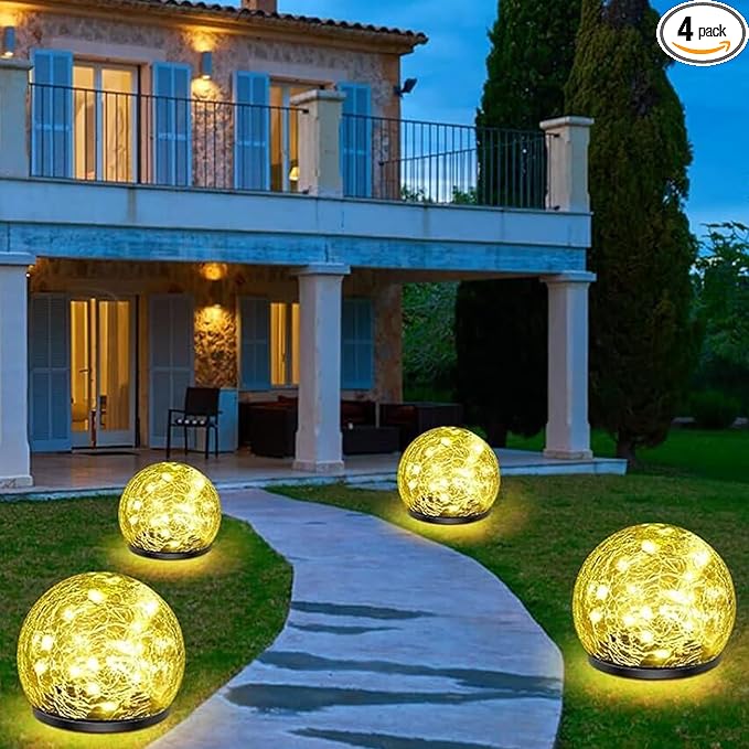 Solar Garden Lights, 4 Pack 120 LED Multicolor Cracked Glass Solar Outdoor Lights Decorative, Upgraded Waterproof Ball Lights for Yard Pathway Patio Lawn Christmas Outside Decor, 3.94"