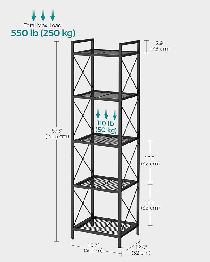 SONGMICS 5-Tier Metal Storage Rack, Shelving Unit with X Side Frames, Dense Mesh, 12.6 x 15.7 x 57.3 Inches, for Entryway, Kitchen, Living Room, Bathroom, Industrial Style, Ink Black UBSC145B01