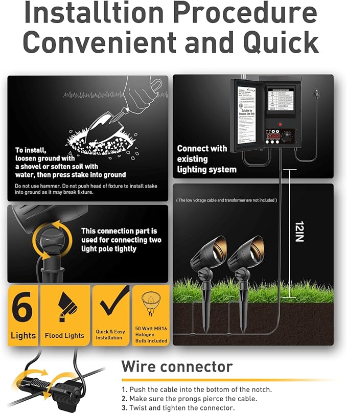 Malibu Landscape Lighting Outdoor 50W Spotlight Waterproof Halogen Floodlight Low Voltage Lights 380Lumen Warm White with Stake for Garden Yard Pathway Lawn Driveway Outdoor Lighting 6Pack 8301-9601