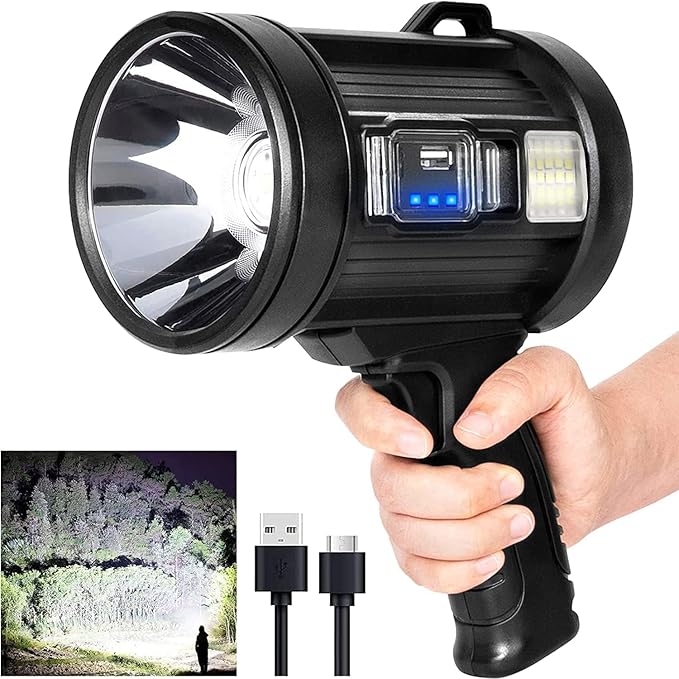 MIXILIN Rechargeable Spotlight, 99,000 Lumens Handheld Hunting Flashlight Led Spot Light with Cob Light and Solar Panels, Lightweight and Super Bright Spotlight for Hunting Boating Camping