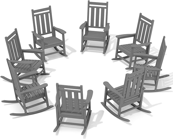 KINGYES Oversized Outdoor Rocking Chair Set of 8, All-Weather Patio Rocking Chairs for Porch, HDPE Outdoor Patio Rockers with High Back & Wide Seat for Garden, Lawn, Gray