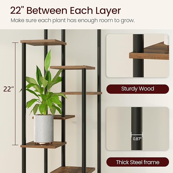 10 Tier Plant Stand Indoor, Tiered Corner Plant Shelf Flower Stand for Living Room, Balcony, Patio, Garden, Rustic Brown