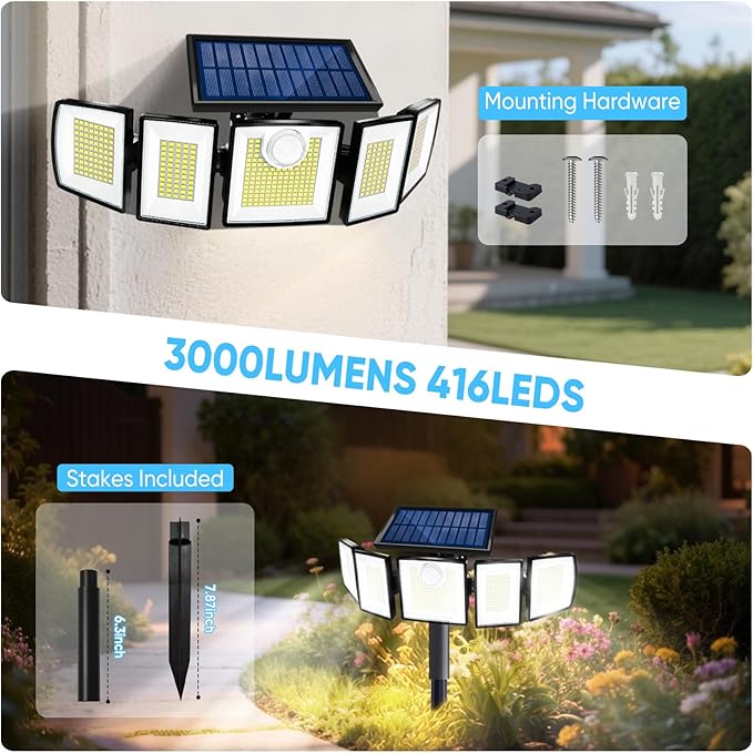 Solar Lights Outdoor Waterproof Motion Sensor - 416 LEDs 3000 Lumens Super Bright 3 Brightness 3 Modes 2400mAh 360° Illumination 32ft Solar Flood Security Light for Outside (with Stakes, 1)