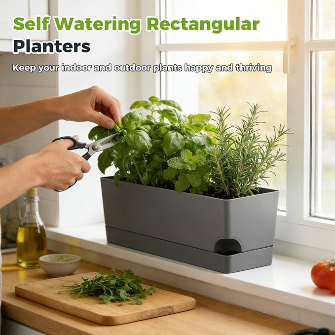 4 Pack Self Watering Pots for Indoor Plants 17 Inches Window Boxes Planters Rectangular Flower Pots Rectangle Herb Pots Large Plant Pots with Drainage Holes and Saucers Windowsill Planter, Grey