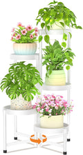 LASZOLA 5 Tiered Folding Plant Stand Indoor for Multiple Large Planter, Tall Heavy Duty Adjustable Rack with Rust Proof Plastic Shelving, Sturdy Vertical Tree Organizer for Narrow Inside Floor, White