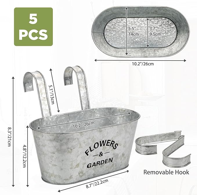Briful 10'' Hanging Planter Outdoor 5PCS Metal Railing Planter for Herb Flower, Oval Galvanized Buckets with Detachable Hooks, Garden Fence Balcony Windowsill Hanging Pot, Silver