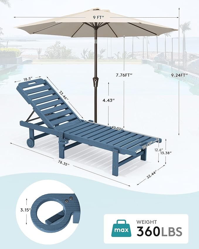 SERWALL Outdoor Chaise Lounge Set of 2 with 9FT Umbrella, HDPE Pool Lounge Chair with 5-Position Adjustable Backrest, Patio Lounger with Rolling Wheels & Cup Holder for Pool, Navy
